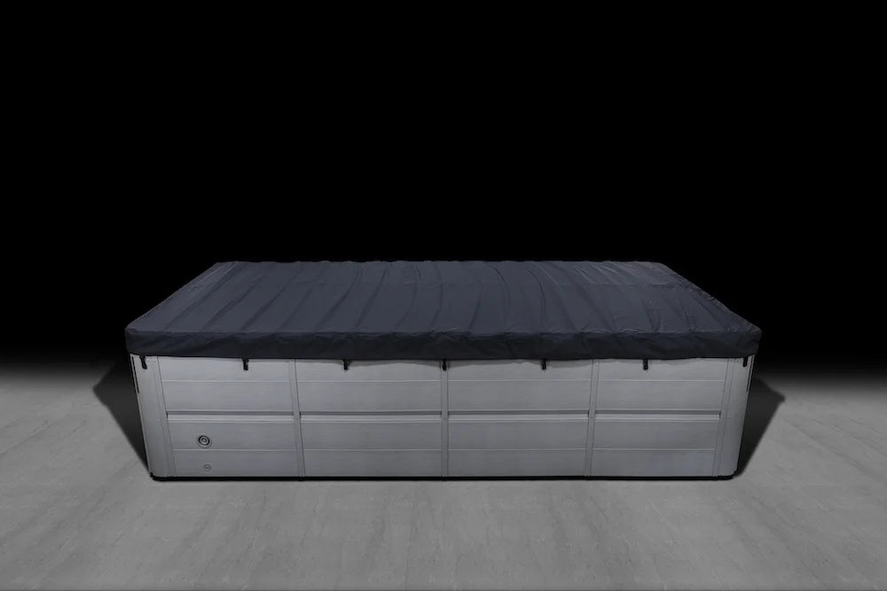 Rollaway™ Swim Spa Cover fully closed. helps with energy efficiency and fully insulated
