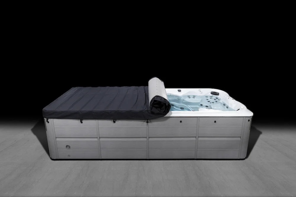 Rollaway™ Swim Spa Cover half open - access your swim spa quickly and easily